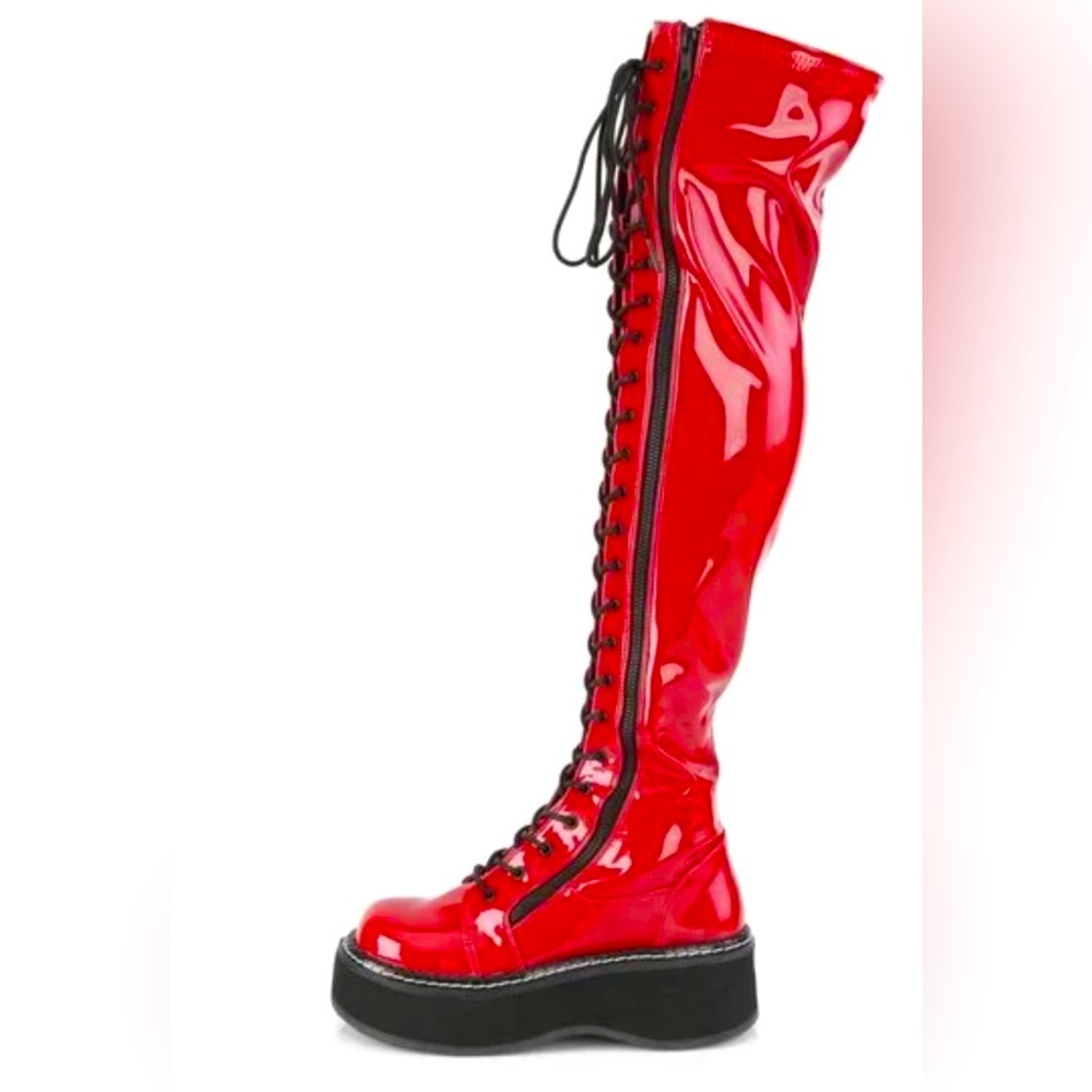 Demonia Emily 375 red patent thigh high boots